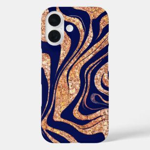 Navy Blue And Rose Gold Glitter Zebra Monogram iPhone 16 Case