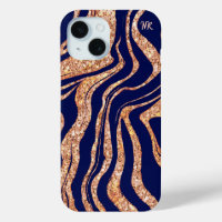 Navy Blue And Rose Gold Glitter Zebra Monogram
