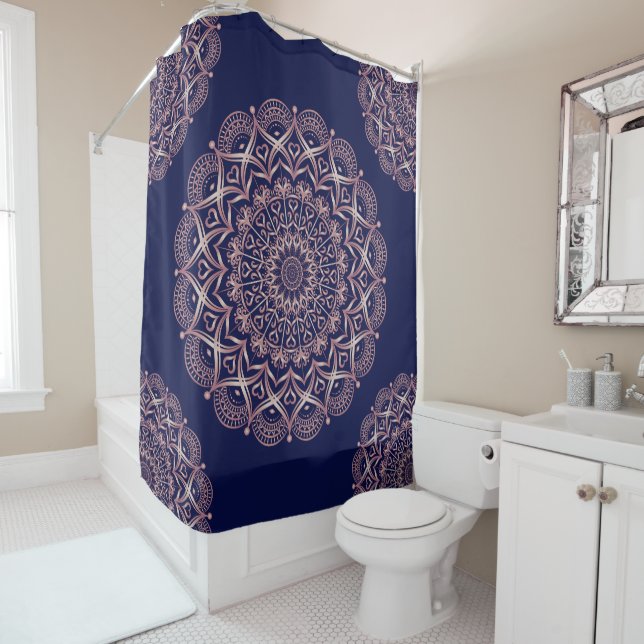 Navy Blue and Rose Gold Mandala Boho Shower Curtain (In Situ)