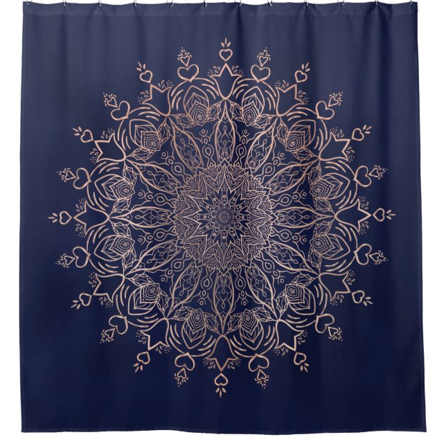 Navy Blue and Rose Gold Mandala Boho Shower Curtain (Front)