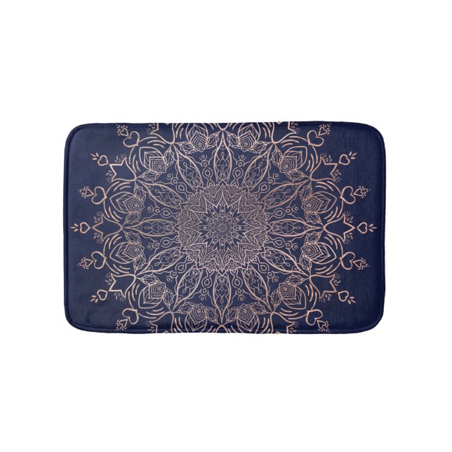 Navy Blue and Rose Gold Mandala Elegant Boho Bath Mat (Front)