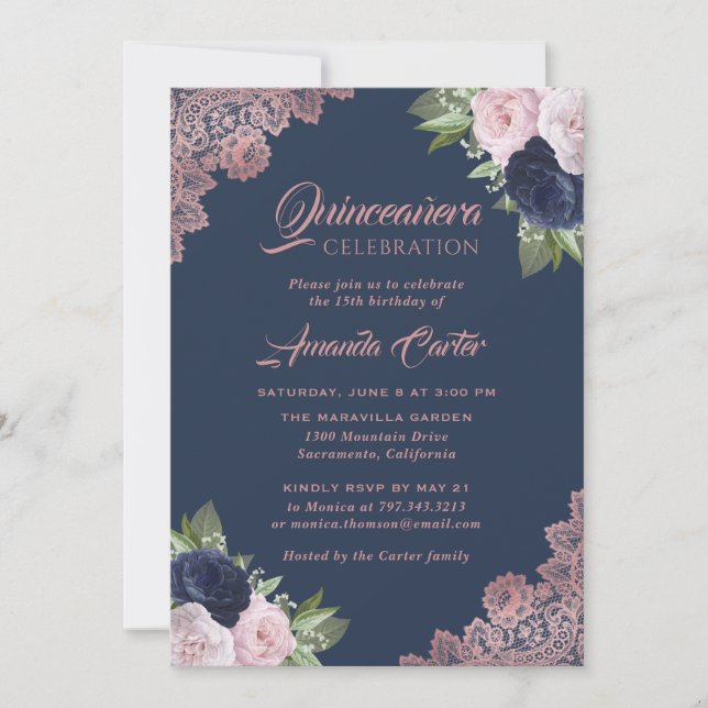 Navy Blue and Rose Gold Quinceañera 15th Birthday Invitation (Front)