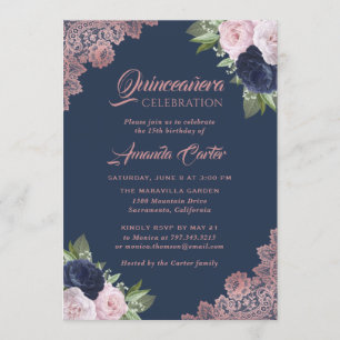 Navy Blue and Rose Gold Quinceañera 15th Birthday Invitation