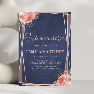 Navy Blue and Rose Gold Quinceanera Party Invitation