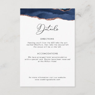 navy blue and rose gold wedding details card
