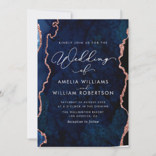 navy blue and rose gold wedding invitation