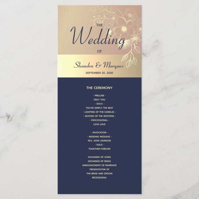 Navy Blue and Rose Gold Wedding Program Programme (Front)