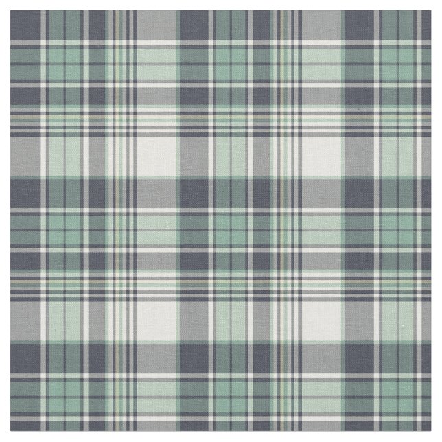Navy Blue and Seafoam Green Coastal Plaid Fabric (Close Up)