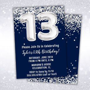 Navy Blue and Silver 13th Birthday Invitation