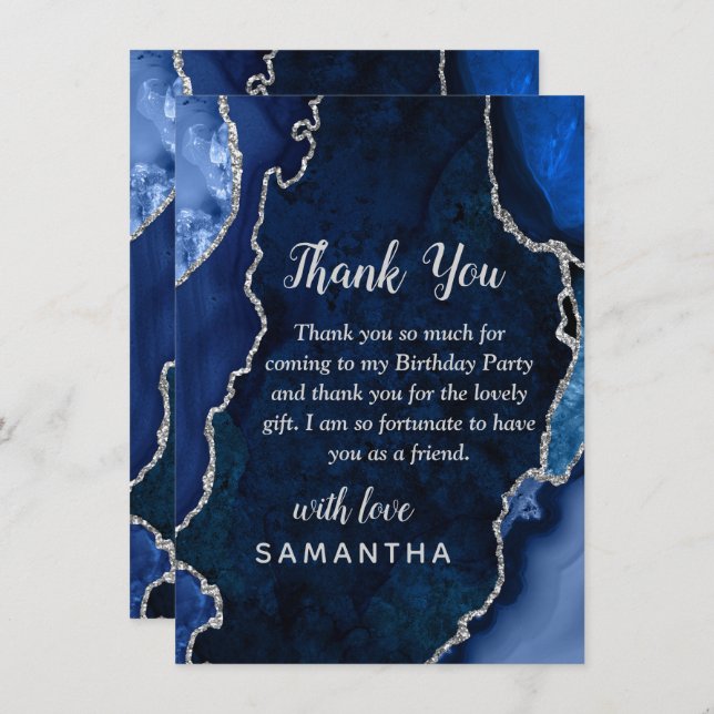 Navy Blue and Silver Agate Birthday Party Thank You Card (Front/Back)