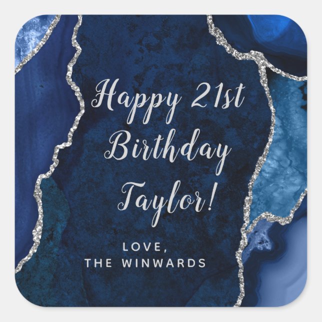 Navy Blue and Silver Agate Happy Birthday Square Sticker (Front)