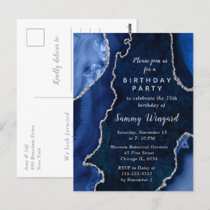 Navy Blue and Silver Agate Marble Birthday Party Postcard