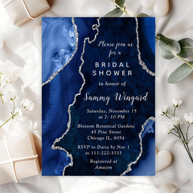 Navy Blue and Silver Agate Marble Bridal Shower Invitation (Creator Uploaded)