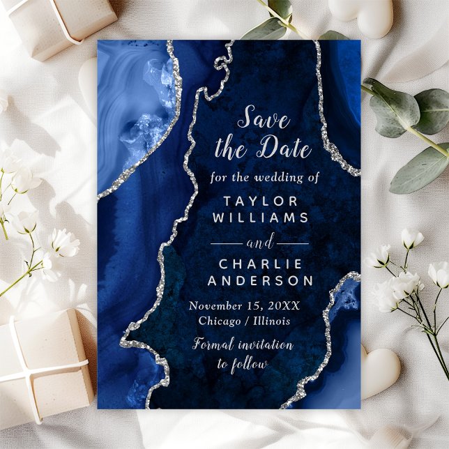 Navy Blue and Silver Agate Marble Save The Date Invitation (Creator Uploaded)