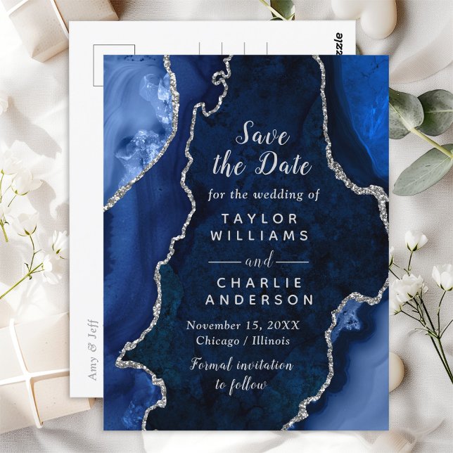 Navy Blue and Silver Agate Marble Save The Date Postcard (Creator Uploaded)