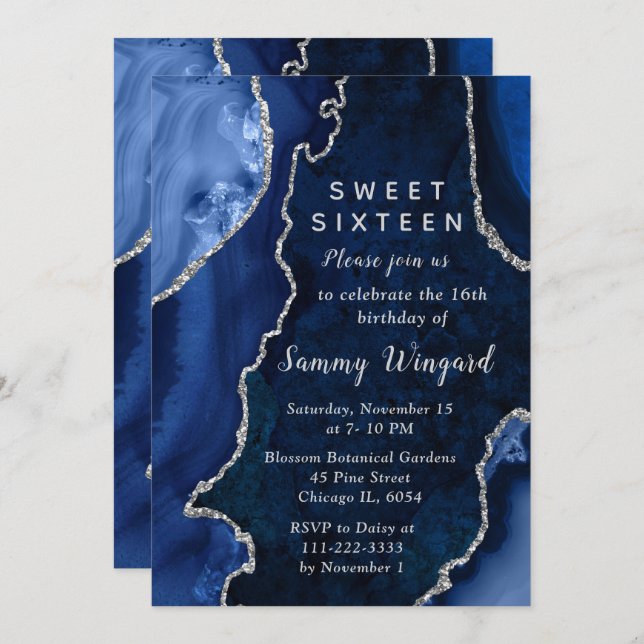 Navy Blue and Silver Agate Marble Sweet Sixteen Invitation (Front/Back)