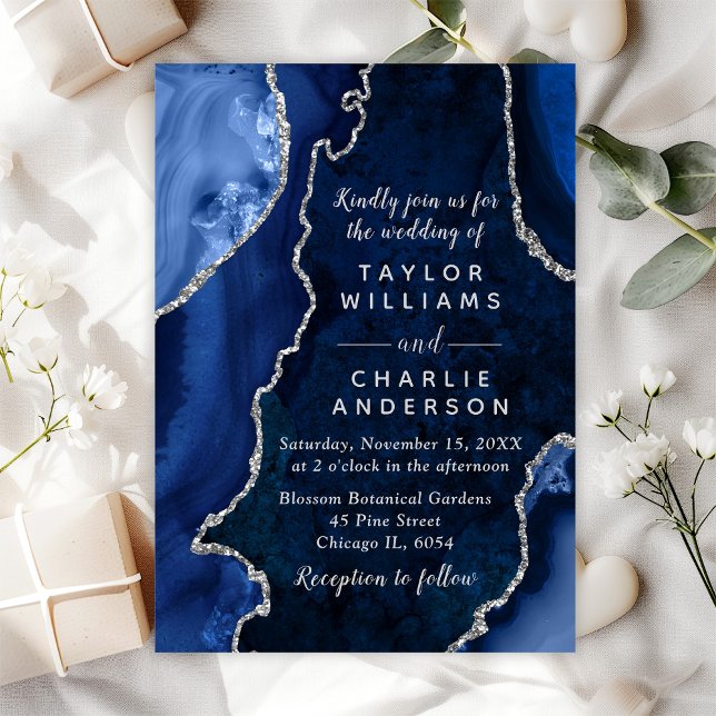 Navy Blue and Silver Agate Marble Wedding Invitation (Creator Uploaded)