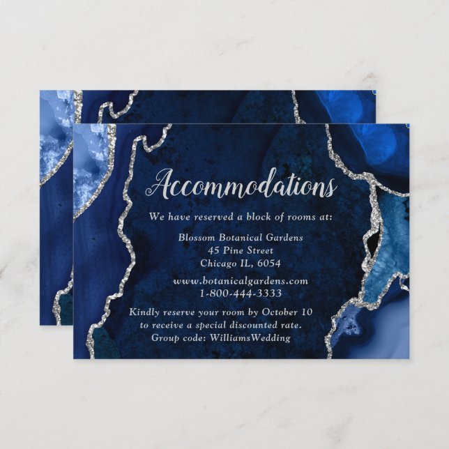Navy Blue and Silver Agate Wedding Accommodations Enclosure Card (Front/Back)