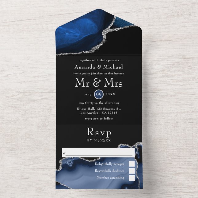 Navy Blue and Silver Agate Wedding All In One Invi All In One Invitation (Inside)