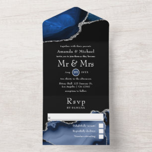 Navy Blue and Silver Agate Wedding All In One Invi All In One Invitation