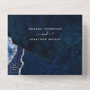 Navy Blue and Silver Agate Wedding All In One Invitation