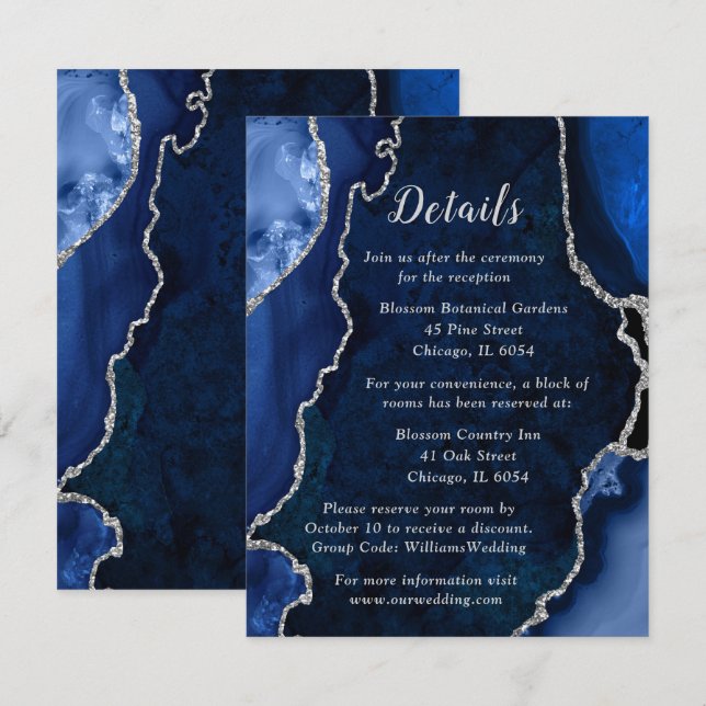 Navy Blue and Silver Agate Wedding Details Enclosure Card (Front/Back)