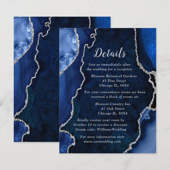 Navy Blue and Silver Agate Wedding Details Enclosure Card (Front/Back)