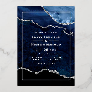 Navy Blue and Silver Agate Wedding Foil Invitation