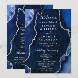 Navy Blue and Silver Agate Wedding Program Programme