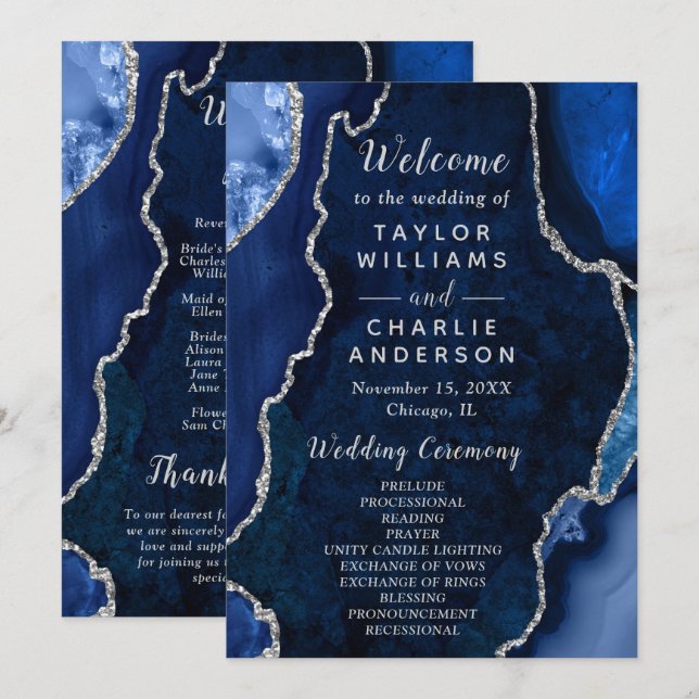 Navy Blue and Silver Agate Wedding Program Programme (Front/Back)