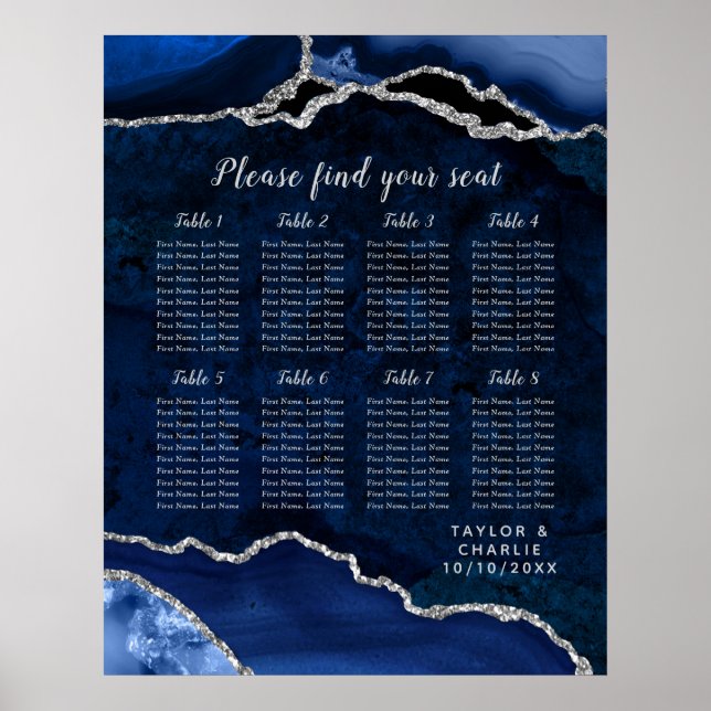 Navy Blue and Silver Agate Wedding Seating Chart (Front)