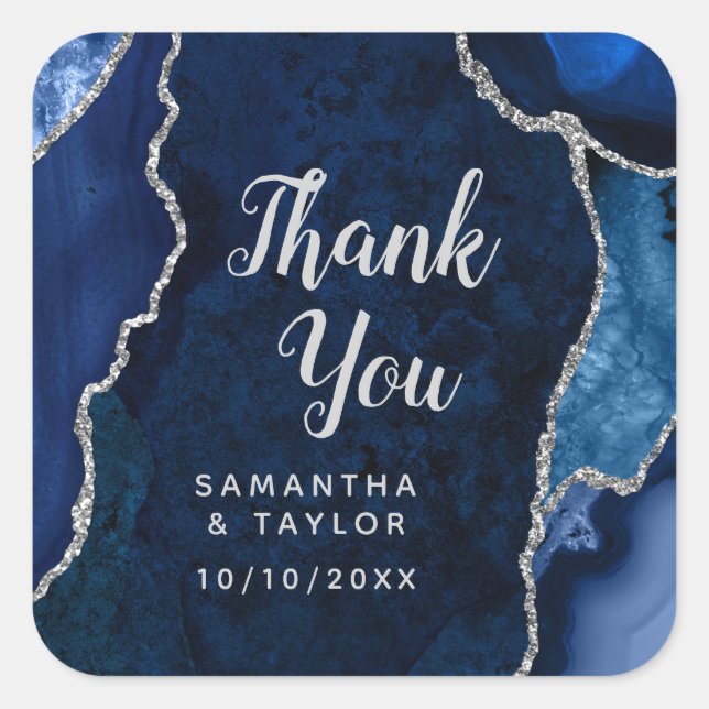 Navy Blue and Silver Agate Wedding Thank You Square Sticker (Front)