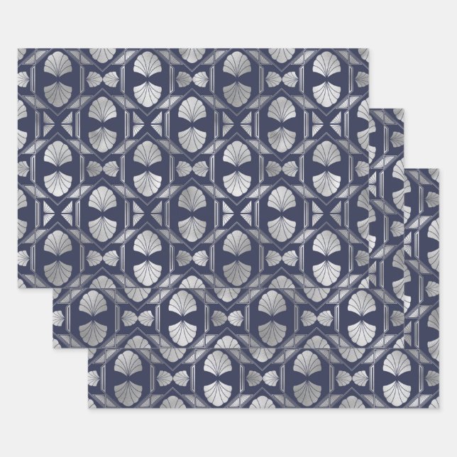 Navy Blue and Silver Art Deco Shell Pattern Wrapping Paper Sheet (Set)