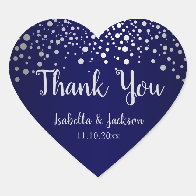 Navy Blue and Silver Confetti Dots Heart Sticker (Front)