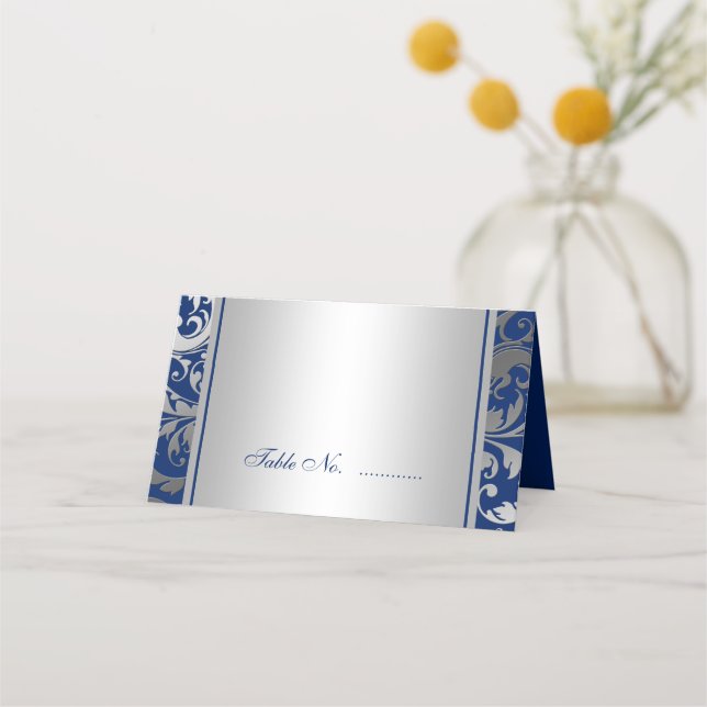 Navy Blue and Silver Damask Swirls Wedding Folded Place Card (Front)