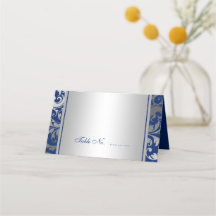 Navy Blue and Silver Damask Swirls Wedding Folded Place Card