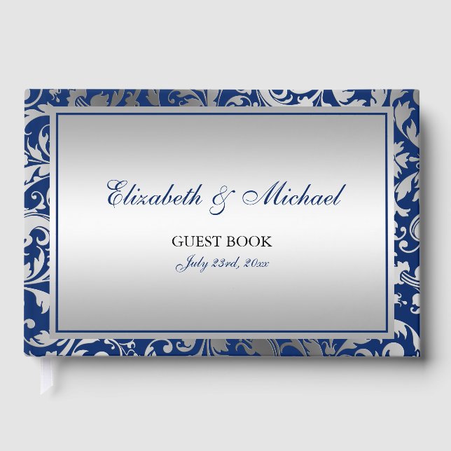 Navy Blue and Silver Damask Swirls Wedding Guest Book (Front)