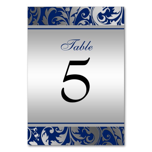 Navy Blue and Silver Damask Swirls Wedding Table Number (Front)