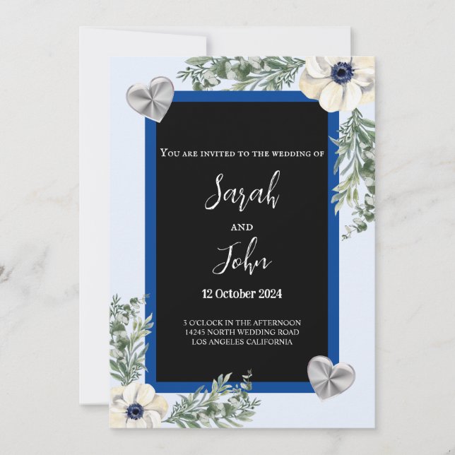 Navy Blue and Silver Elegant Heart Floral Wedding  Invitation (Front)