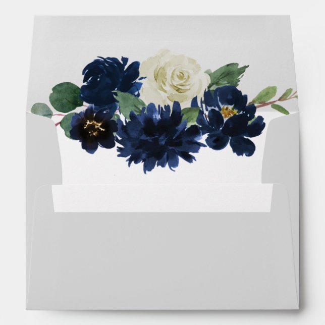 Navy Blue and Silver Elegant Ivory Floral Wedding Envelope (Back (Bottom))
