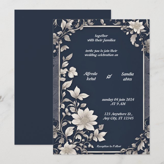 Navy Blue and Silver Elegant Ivory Floral Wedding Invitation (Front/Back)