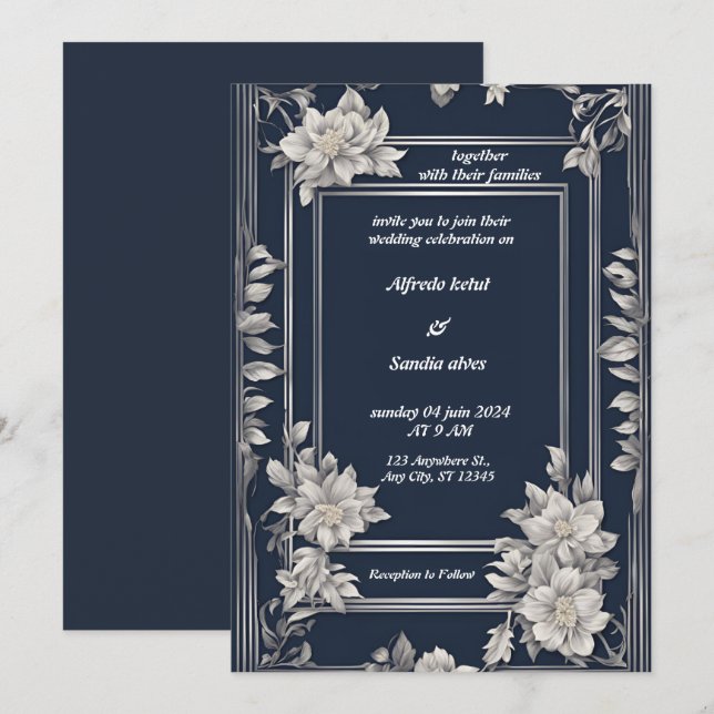 Navy Blue and Silver Elegant Ivory Floral Wedding Invitation (Front/Back)