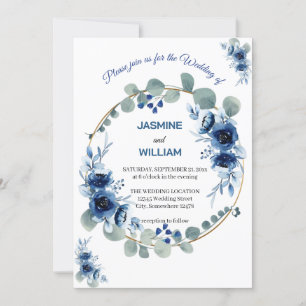 Navy Blue and Silver Elegant Ivory Floral Wedding  Invitation