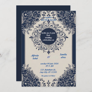 Navy Blue and Silver Elegant Ivory Floral Wedding Invitation