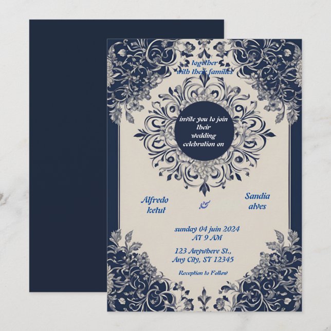 Navy Blue and Silver Elegant Ivory Floral Wedding Invitation (Front/Back)