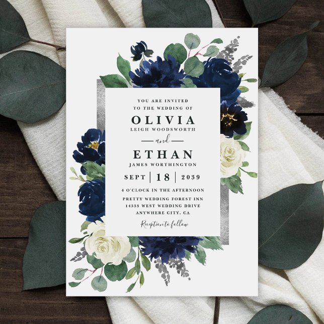 Navy Blue and Silver Elegant Ivory Floral Wedding Invitation (Creator Uploaded)
