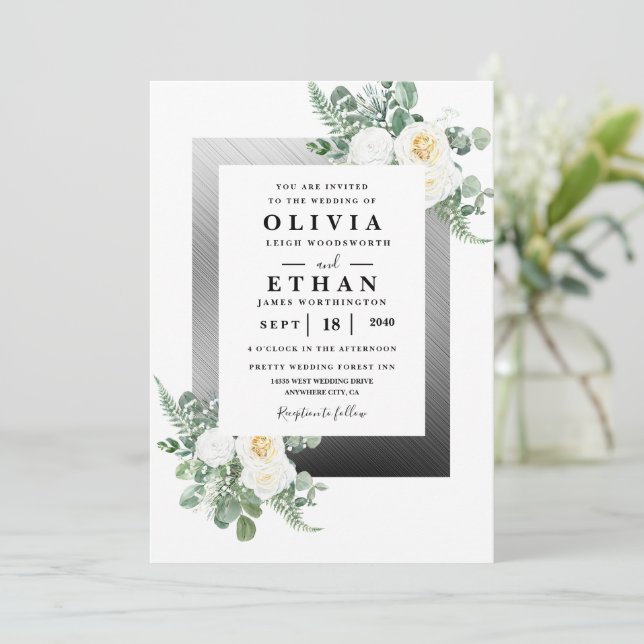 Navy Blue and Silver Elegant Ivory Floral Wedding  Invitation (Standing Front)