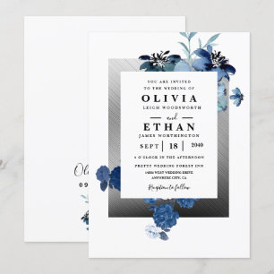 Navy Blue and Silver Elegant Ivory Floral Wedding  Invitation