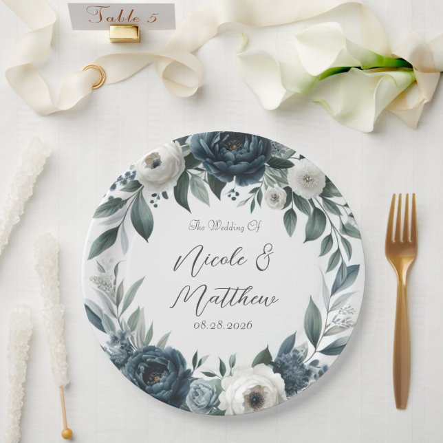 Navy Blue and Silver Elegant Ivory Floral Wedding Paper Plate (Wedding)