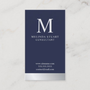 Navy Blue and Silver Elegant Monogram Business Card